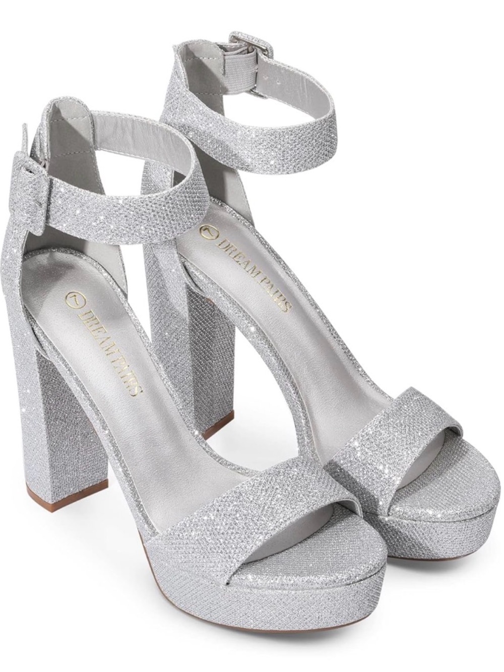 New Dream Pairs Silver Glitter Platform Ankle Strap 5” Heels 9.5